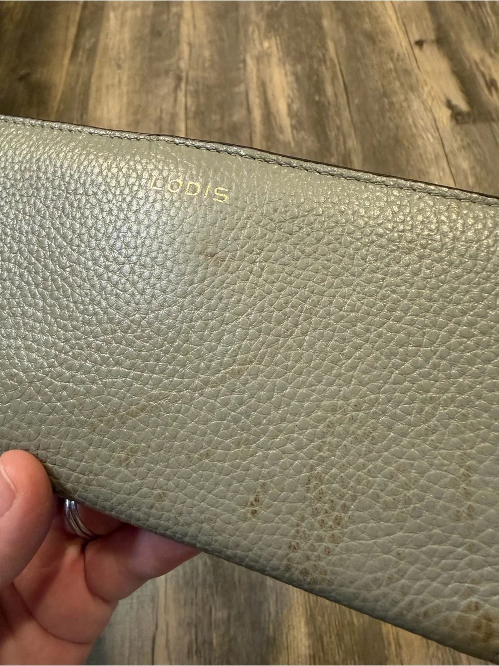 Lodis Gray Pebbled Leather Bifold Slim Wallet Snap Closure Minimalist Flawed